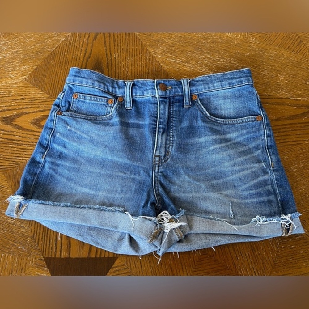 Madewell High Rise Denim Shorts Medium Wash Raw Hem Cut Off Size 27 Blue (898)